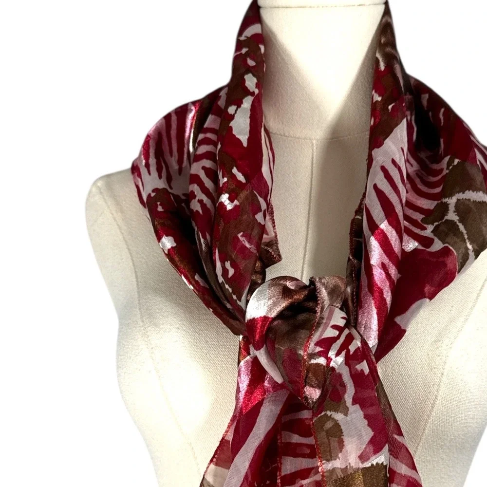 Camouflage Animal Print Patchwork Square Scarf Burgundy Brown Metallic Sheer 35